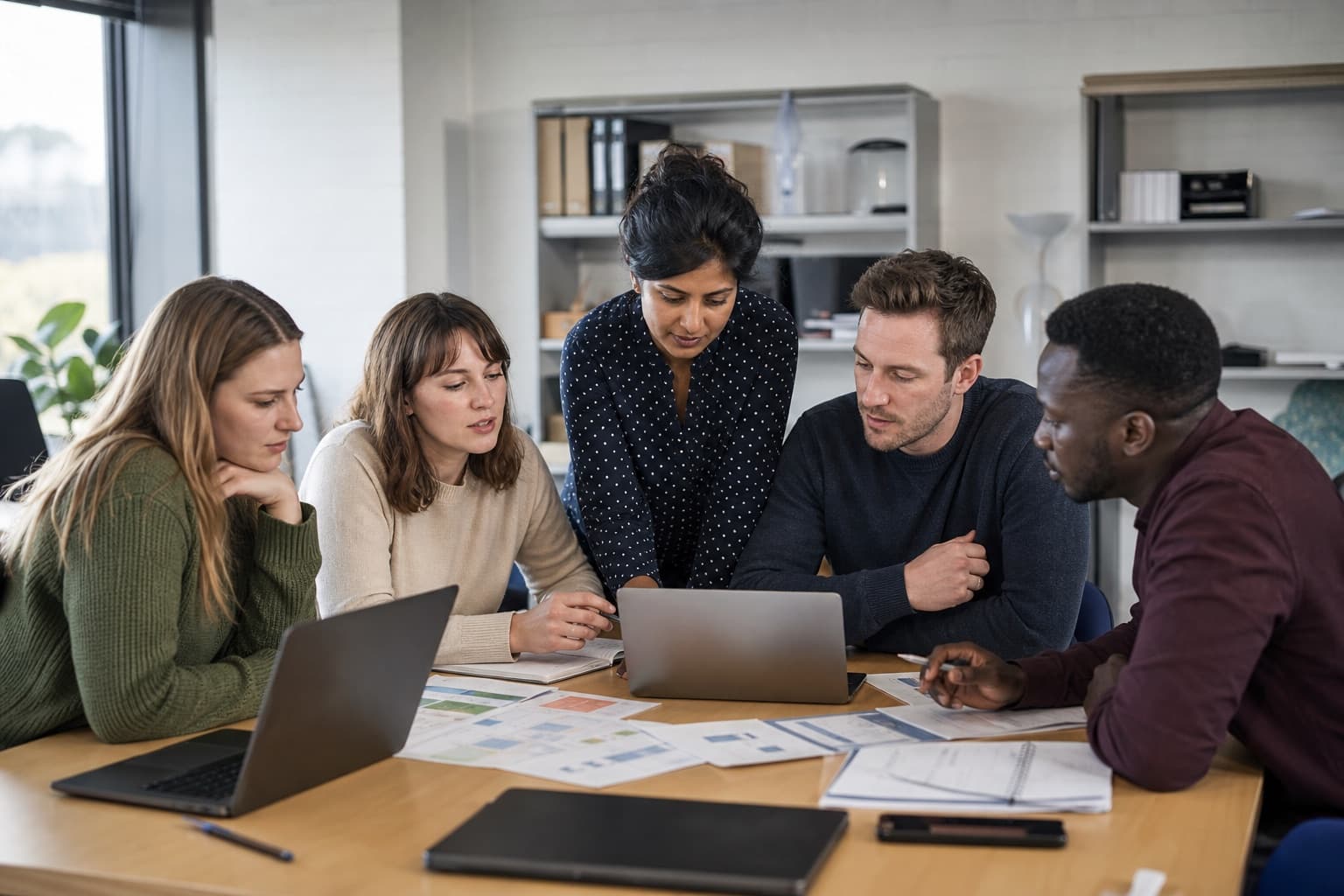 A role-based team reviewing practical work around a laptop
