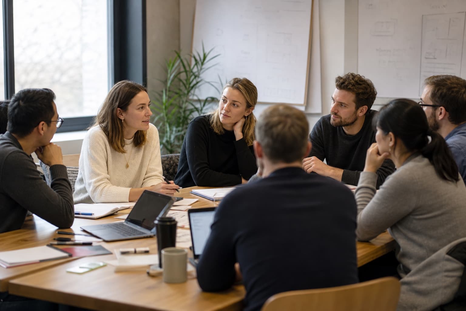 Consultants discussing priorities in a professional office workshop