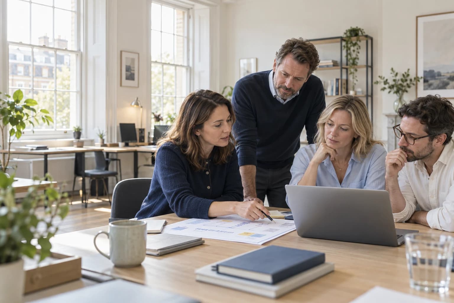 Illustrative office scene: colleagues reviewing a workflow together